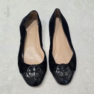 Women's Tory Burch Shoes Patent Leather Logo Ballet Black Velvet Flats Size 7